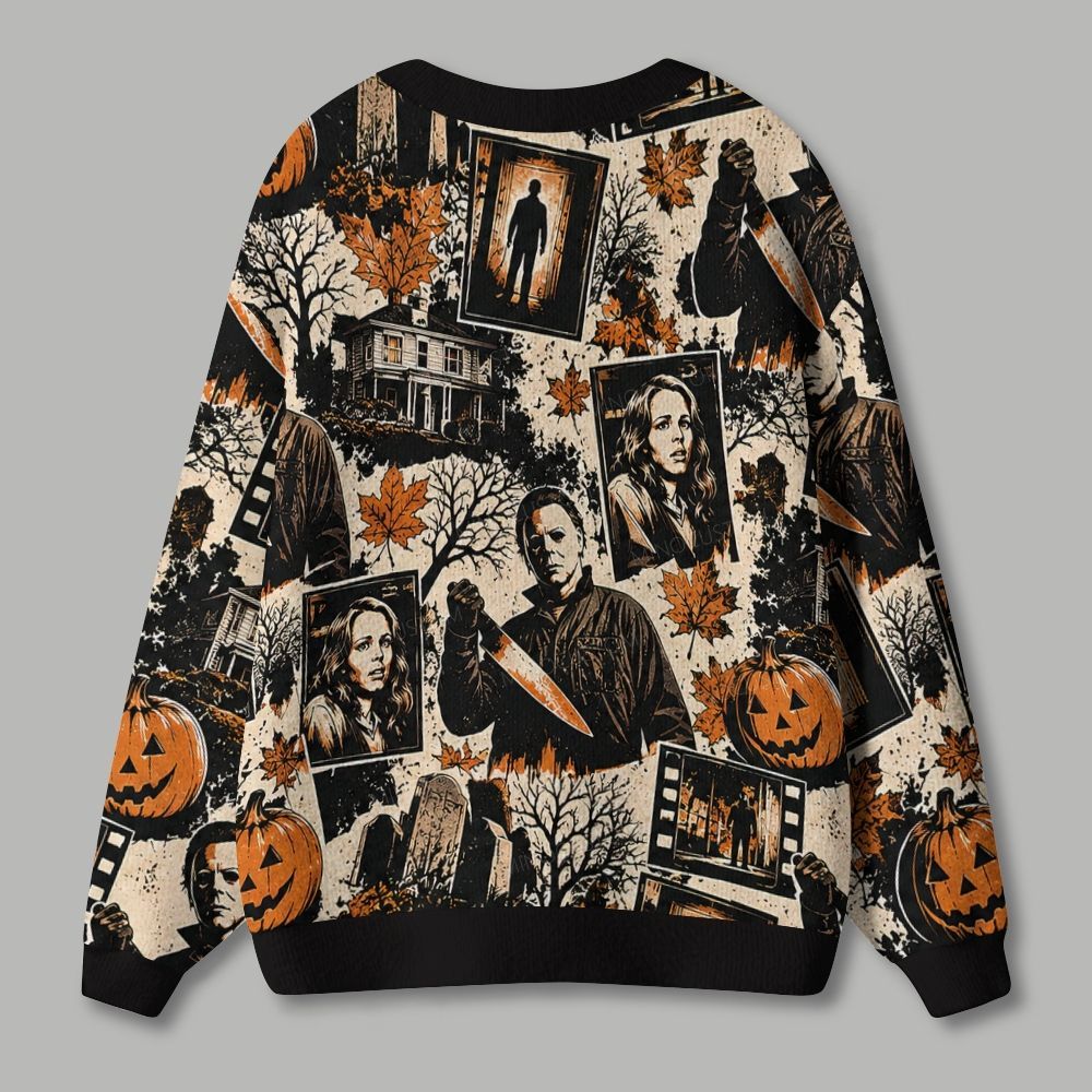 Vintage Horror Film Strip Halloween Collage Ugly Cardigan Sweater