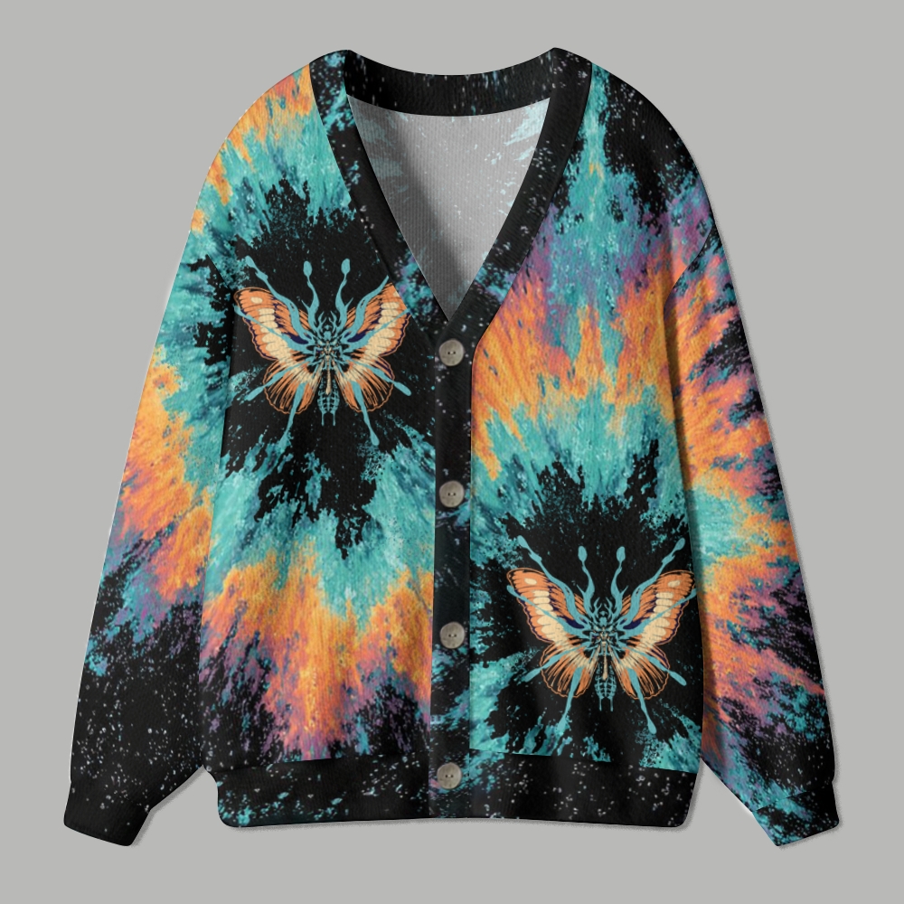 Retro Psychedelic Butterfly Tie‑Dye Ugly Cardigan Sweater