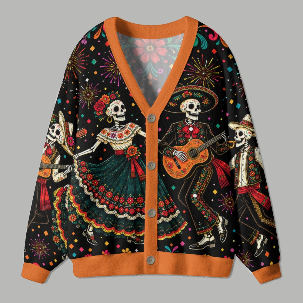  Day of The Dead Dancing Skeleton Folk Art Ugly Cardigan Sweater