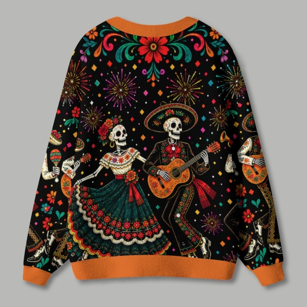  Day of The Dead Dancing Skeleton Folk Art Ugly Cardigan Sweater