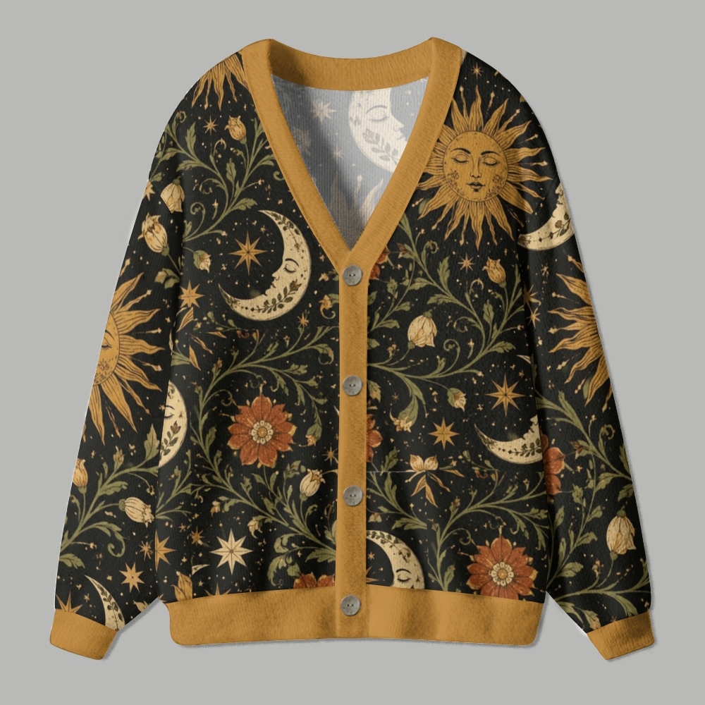 Vintage Celestial Sun Moon Floral Mystical Occult Ugly Cardigan Sweater