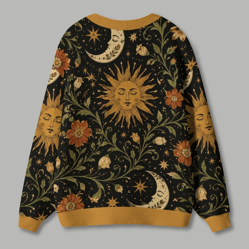 Vintage Celestial Sun Moon Floral Mystical Occult Ugly Cardigan Sweater