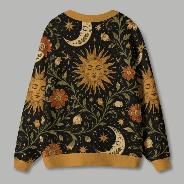 Vintage Celestial Sun Moon Floral Mystical Occult Ugly Cardigan Sweater