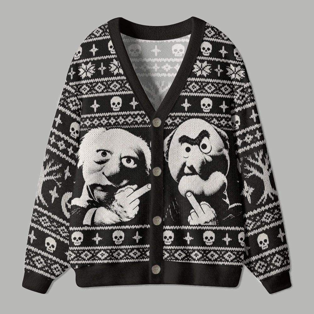 Spooky Season Black‑and‑White Retro Ugly Cardigan Sweater