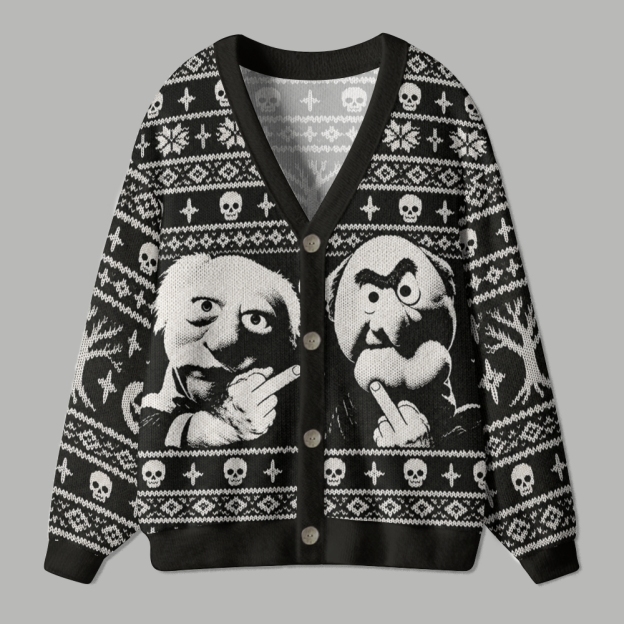 Spooky Season Black‑and‑White Retro Ugly Cardigan Sweater