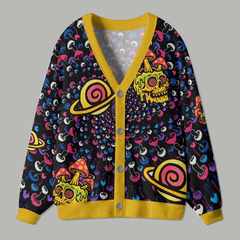 Trippy Psychedelic Mushroom Planet Skull Space Ugly Cardigan Sweater