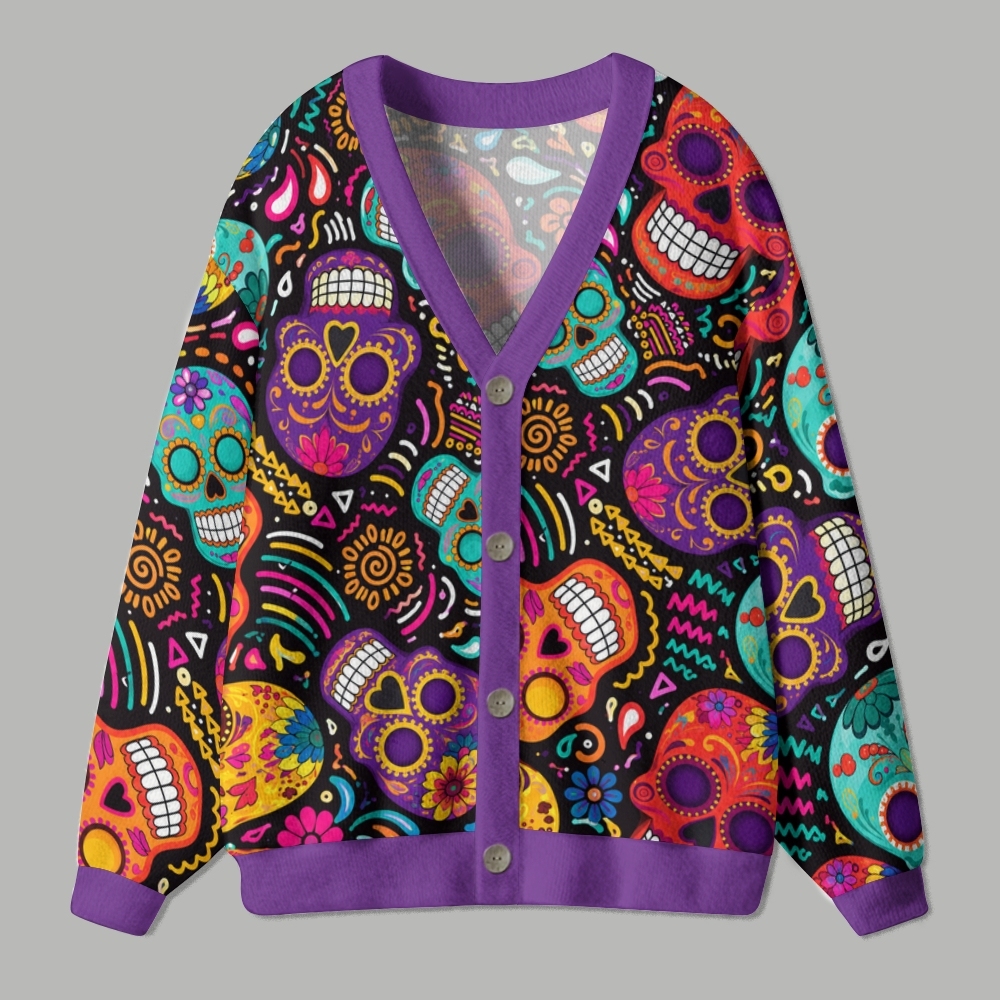 Vibrant Sugar Skull Day of The Dead Ugly Cardigan Sweater