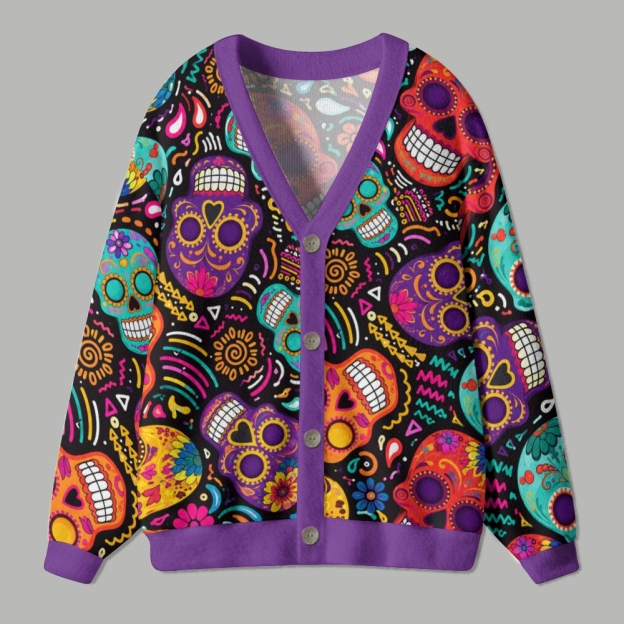 Vibrant Sugar Skull Day of The Dead Ugly Cardigan Sweater