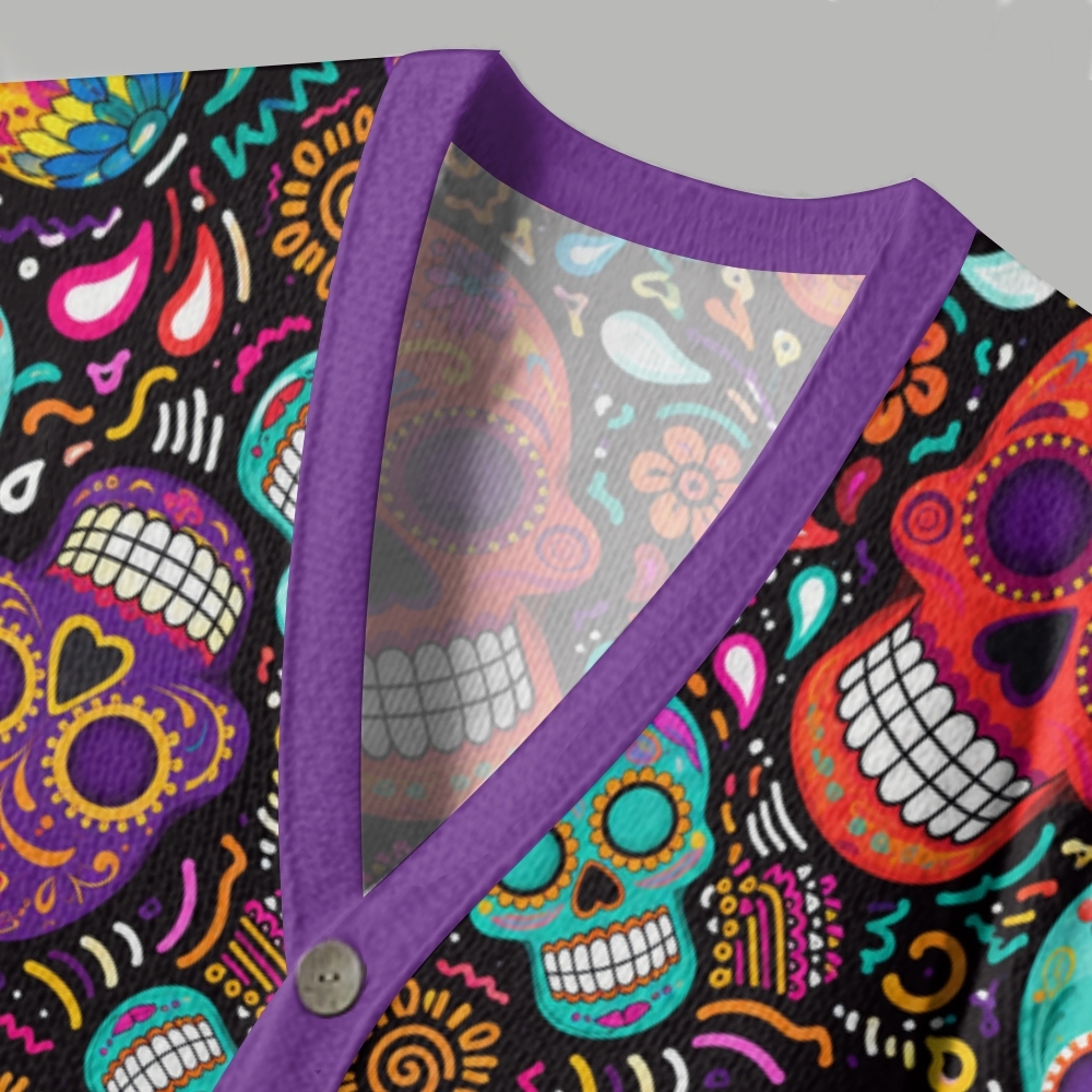 Vibrant Sugar Skull Day of The Dead Ugly Cardigan Sweater