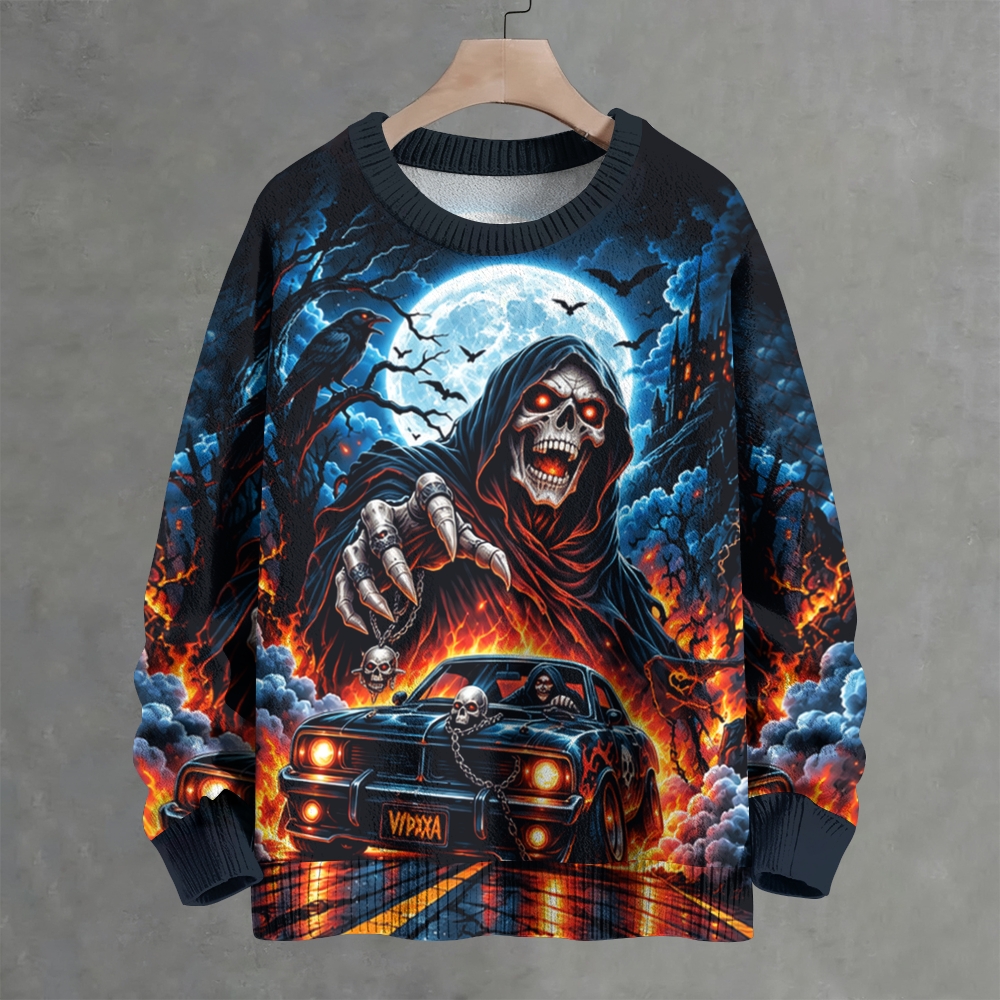 Fiery Night Grim Reaper Muscle Car Gothic Crew Neck Sweater