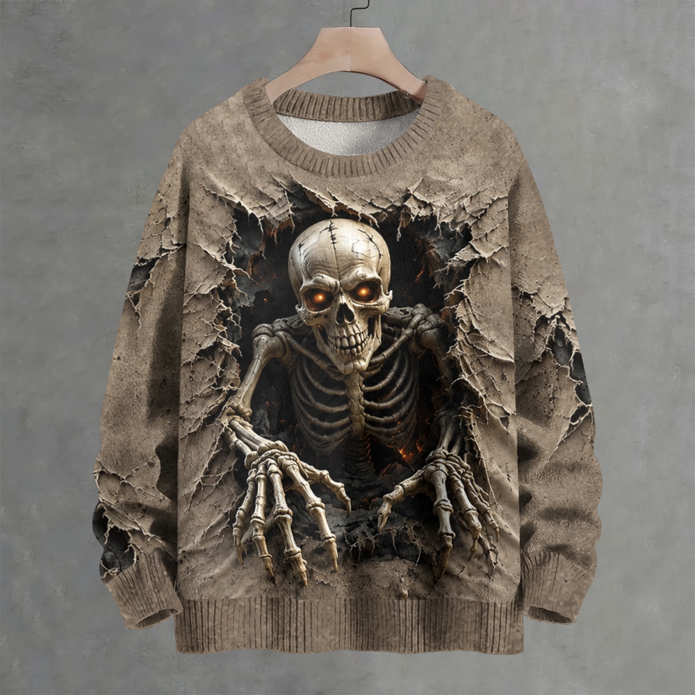 Torn Fabric‑Effect Glowing‑Eye Skeleton Gothic Crew Neck Sweater