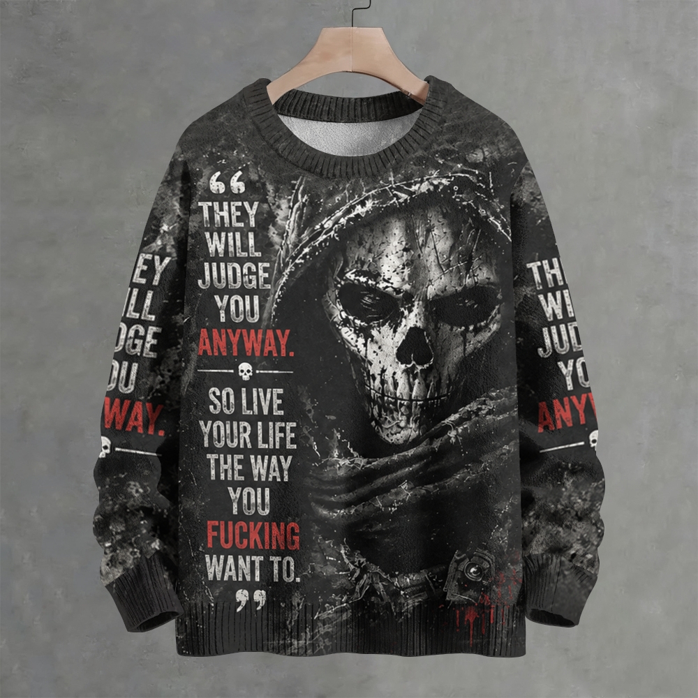 Grim Reaper Dark Distressed Skull Gothic Crew Neck Sweater