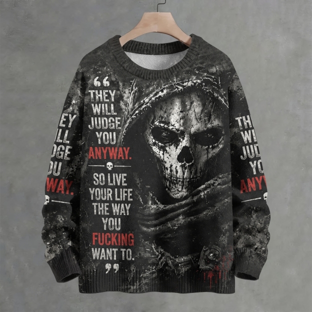 Grim Reaper Dark Distressed Skull Gothic Crew Neck Sweater