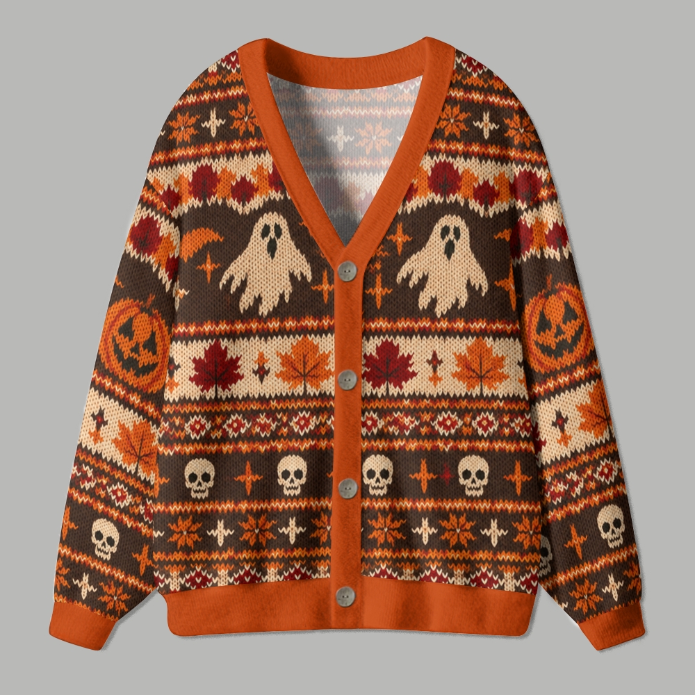 Autumn Fall Ghost Skull Maple Leaf Ugly Cardigan Sweater