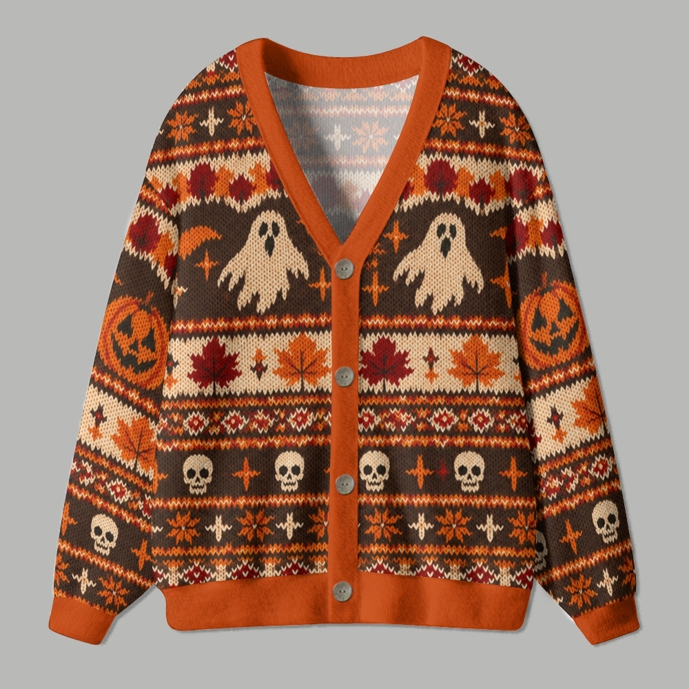Autumn Fall Ghost Skull Maple Leaf Ugly Cardigan Sweater