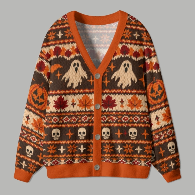 Autumn Fall Ghost Skull Maple Leaf Ugly Cardigan Sweater