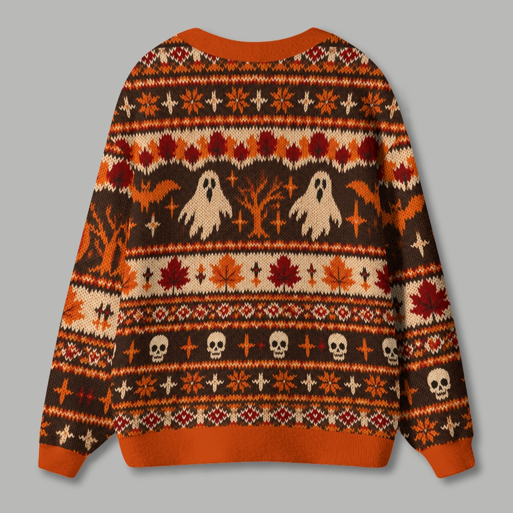 Autumn Fall Ghost Skull Maple Leaf Ugly Cardigan Sweater