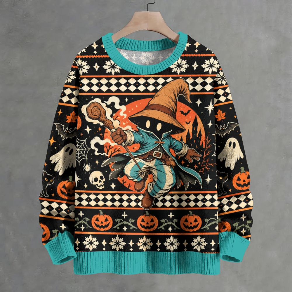 Retro Halloween Wizard Jack‑o‑Lantern Crew Neck Sweater