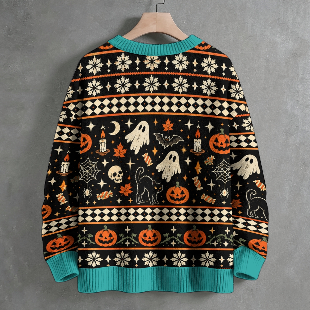 Retro Halloween Wizard Jack‑o‑Lantern Crew Neck Sweater