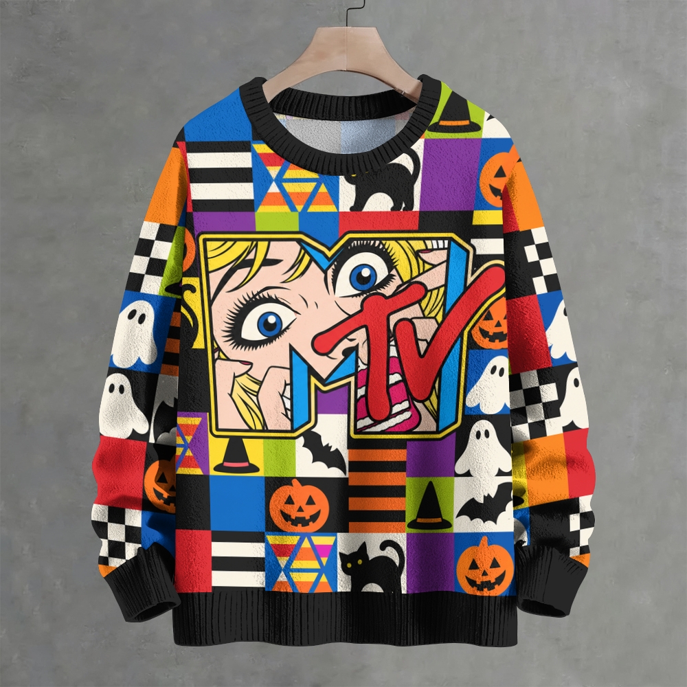 Colorful Patchwork Ghost Pumpkin Retro Halloween Crew Neck Sweater