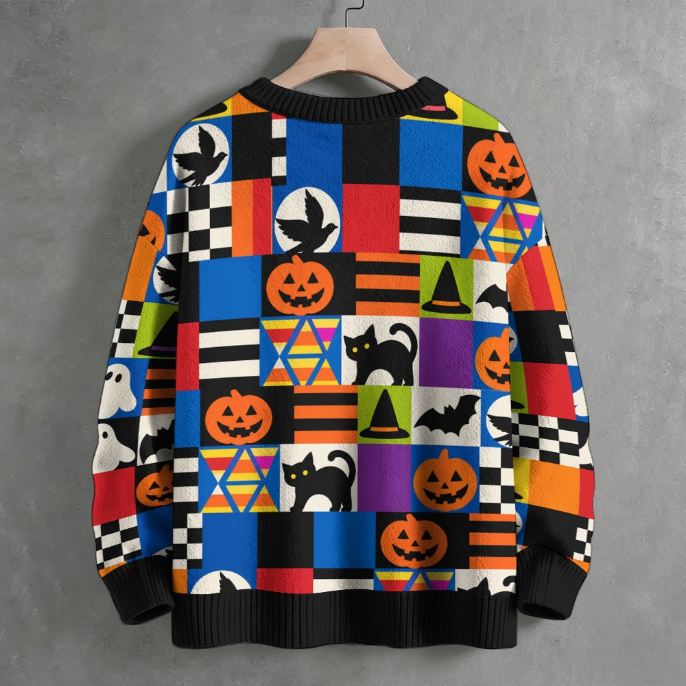 Colorful Patchwork Ghost Pumpkin Retro Halloween Crew Neck Sweater