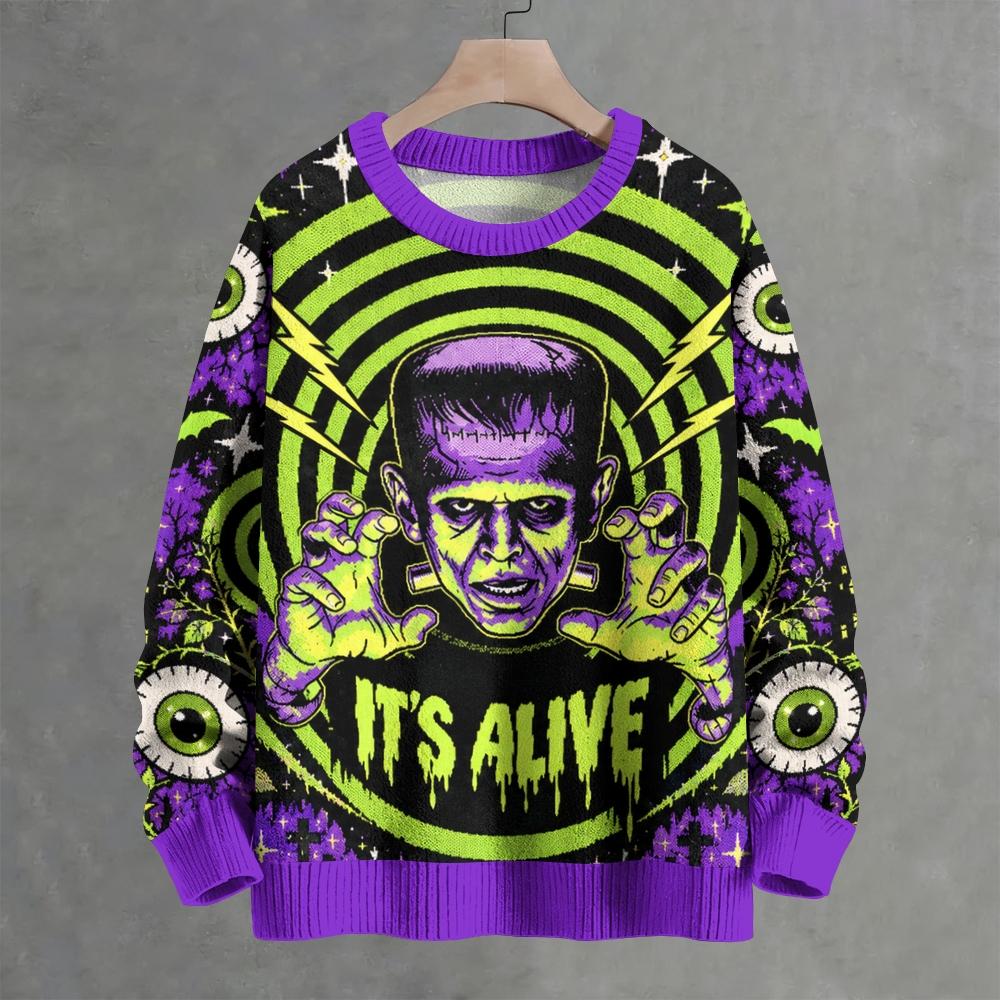 Neon Spooky Monster Retro Halloween Crew Neck Sweater