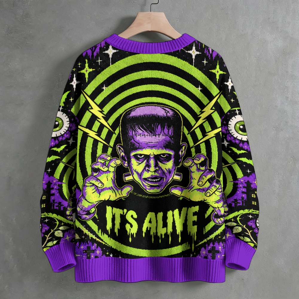 Neon Spooky Monster Retro Halloween Crew Neck Sweater