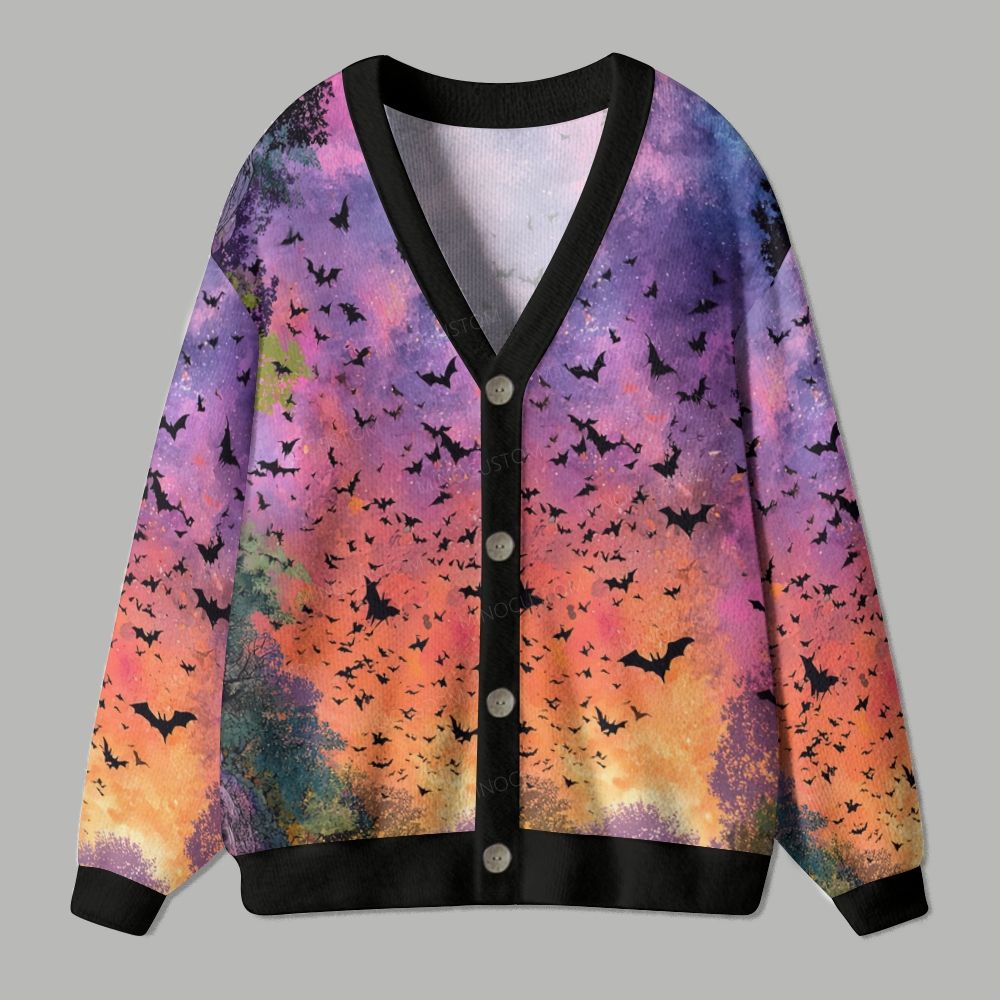 Halloween Bats Watercolor Gradient Cardigan Sweater