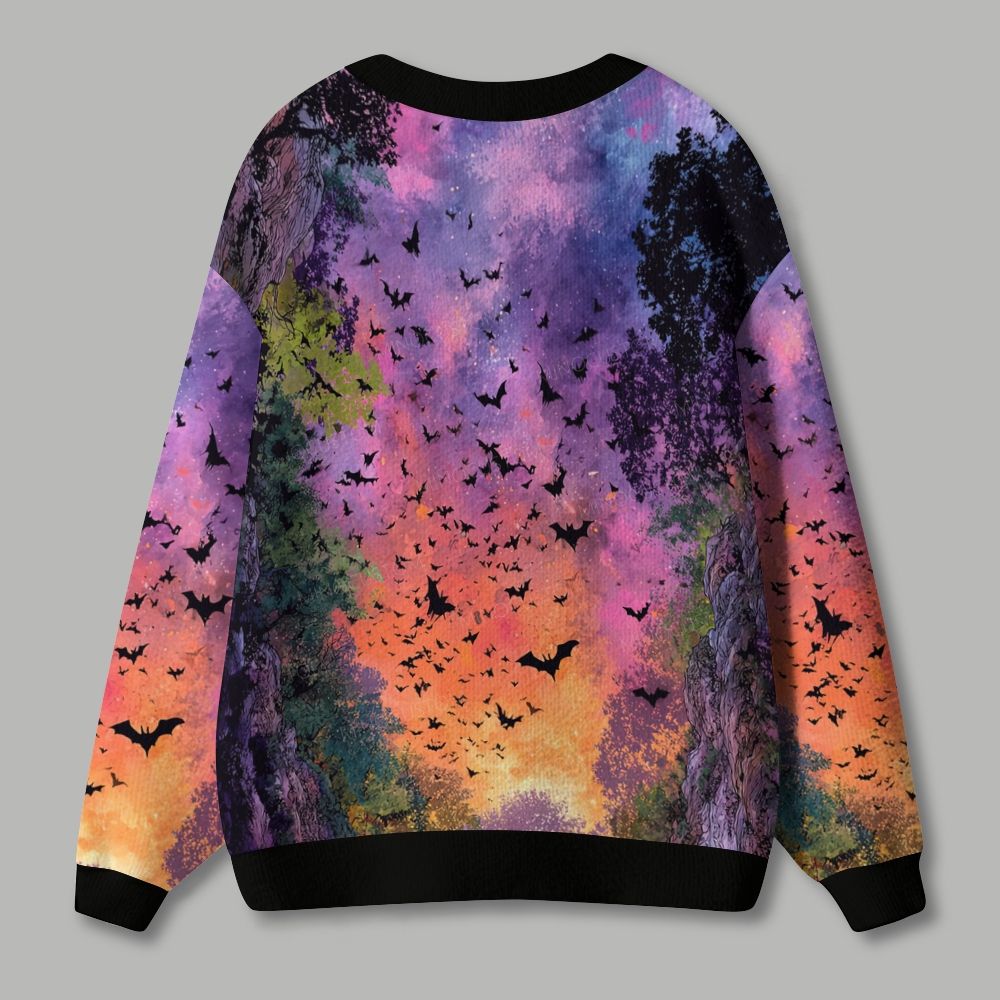 Halloween Bats Watercolor Gradient Cardigan Sweater