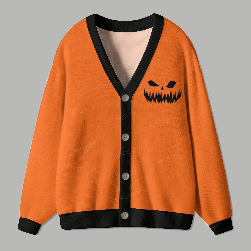 Orange Jack O Lantern Face Cardigan Sweater