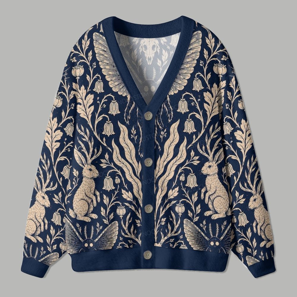 Dark Blue Woodland Rabbit Moth Floral Vintage Cardigan Sweater