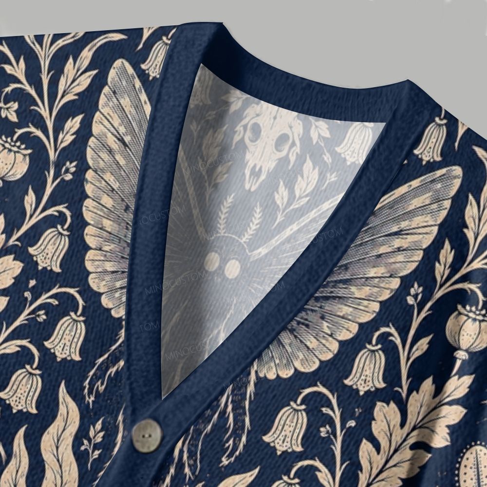 Dark Blue Woodland Rabbit Moth Floral Vintage Cardigan Sweater