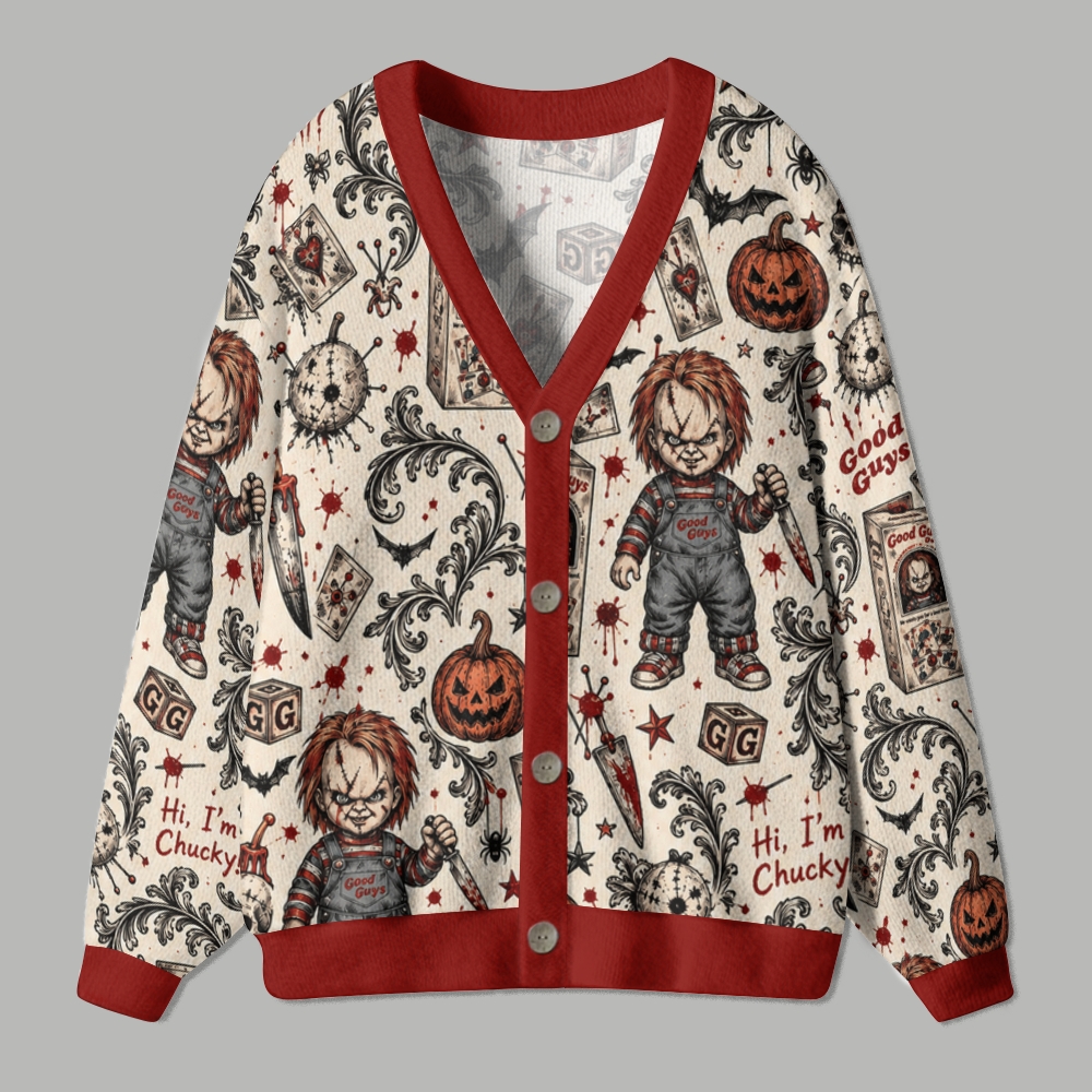 Spooky Vintage Doll Pumpkin Gothic Pattern Ugly Cardigan Sweater