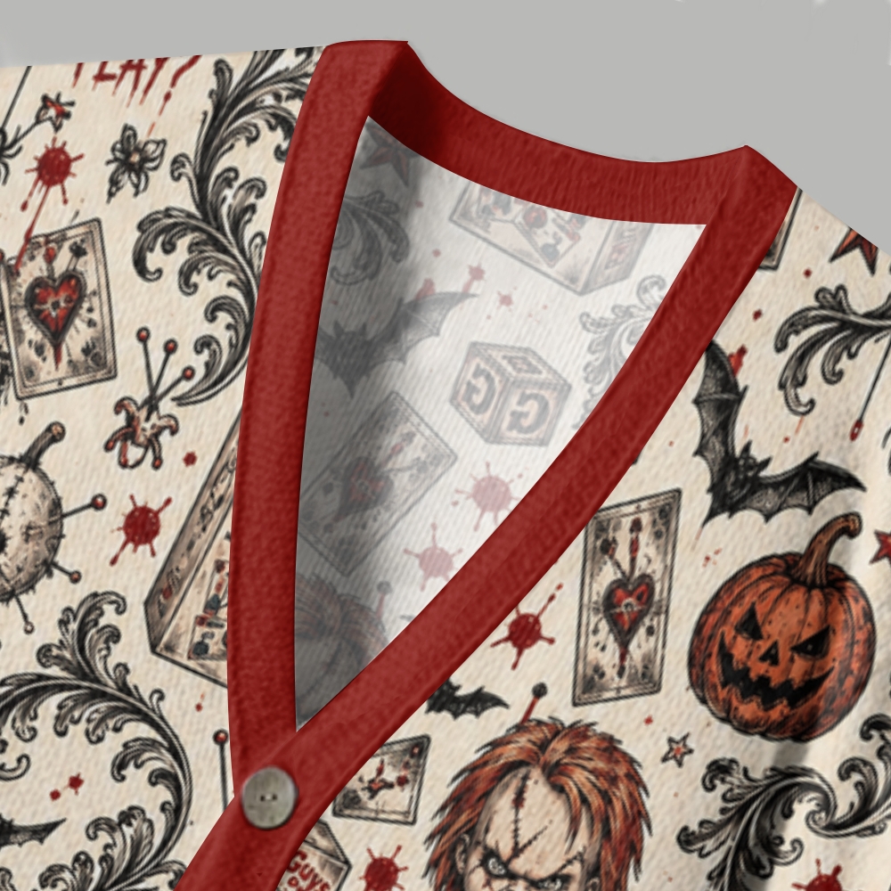 Spooky Vintage Doll Pumpkin Gothic Pattern Ugly Cardigan Sweater