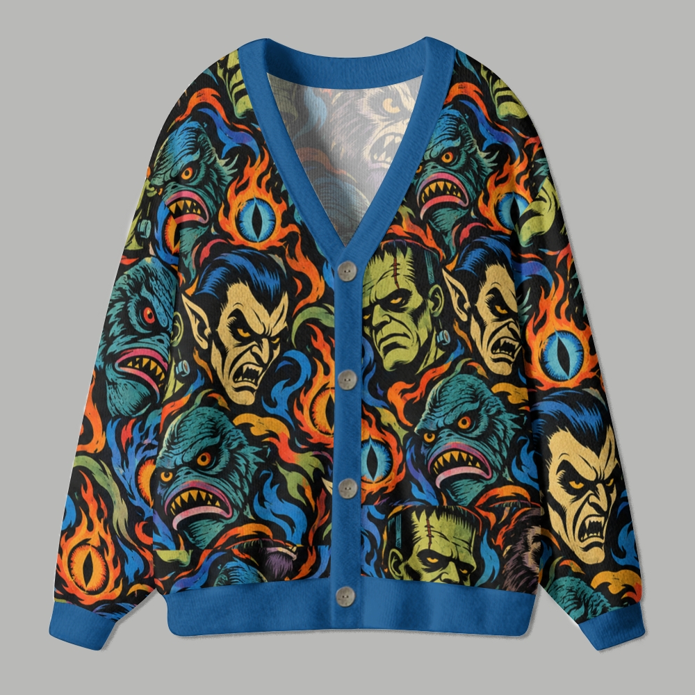 Horror Creature All‑Over Print Ugly Cardigan Sweater