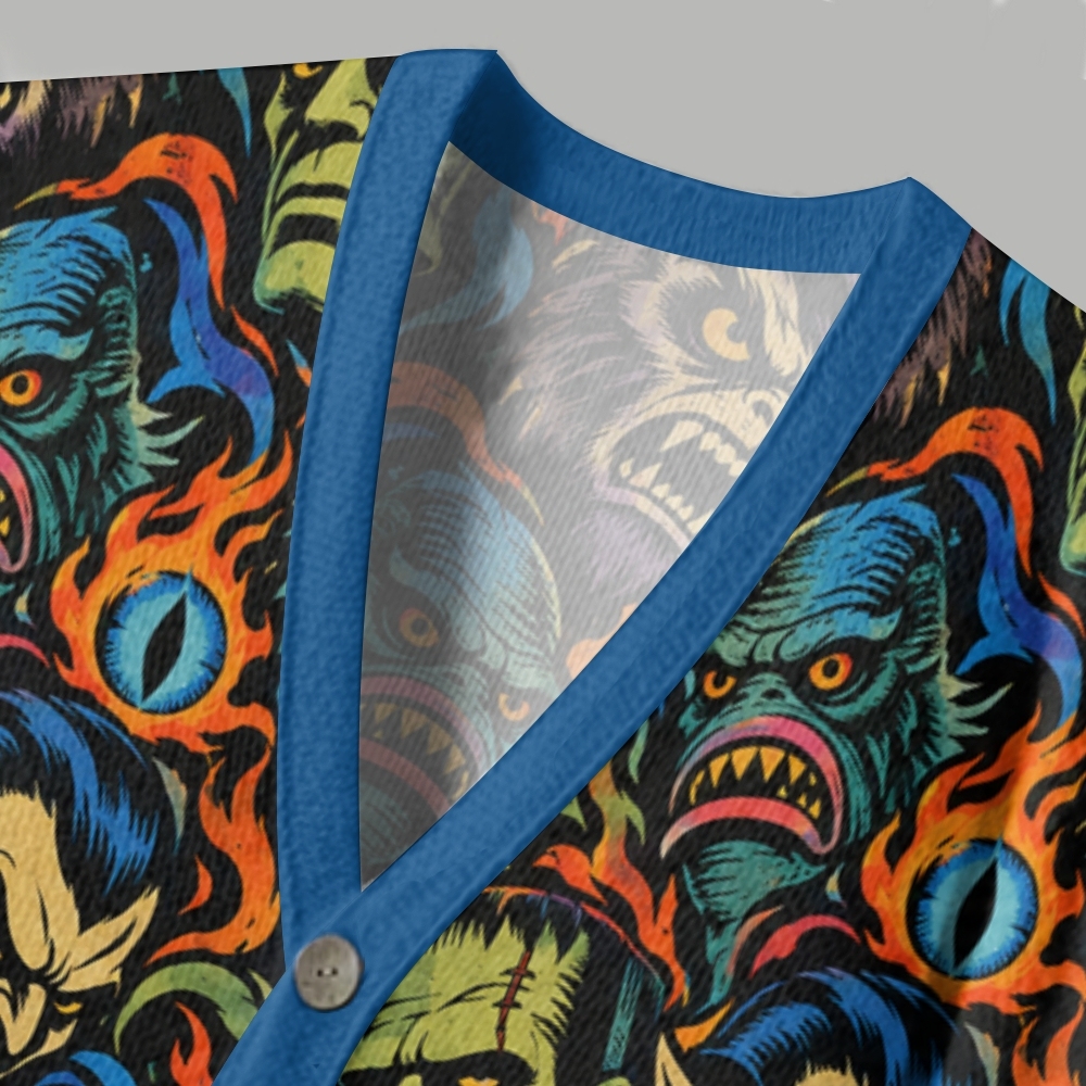 Horror Creature All‑Over Print Ugly Cardigan Sweater