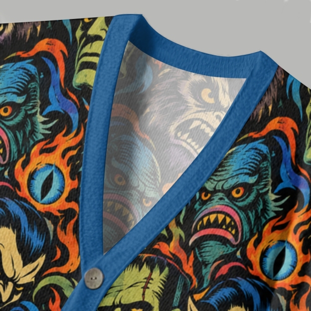 Horror Creature All‑Over Print Ugly Cardigan Sweater