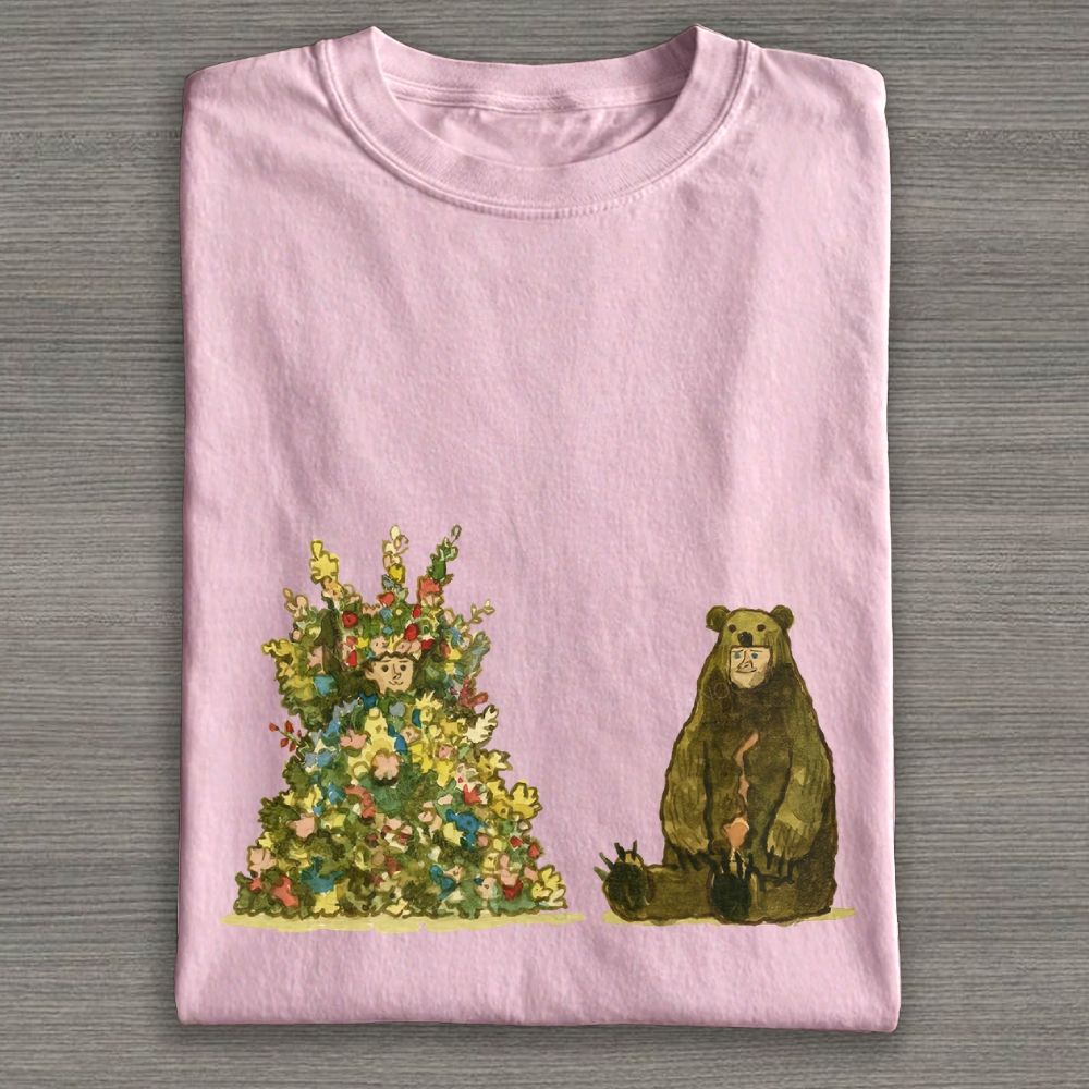 Watercolor Flower Figure and Bear Graphic Cotton T-shirt