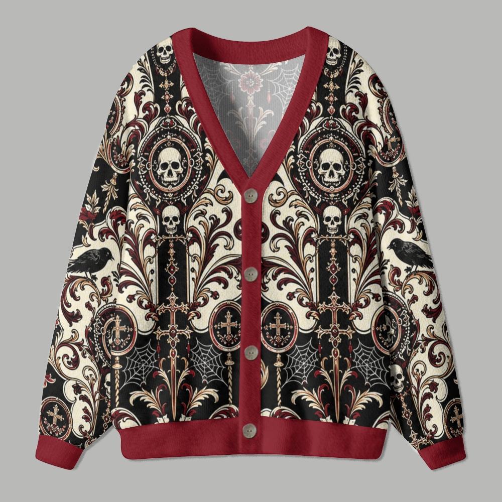 Gothic Baroque Skull Raven Ornate Dark Fantasy Ugly Cardigan Sweater