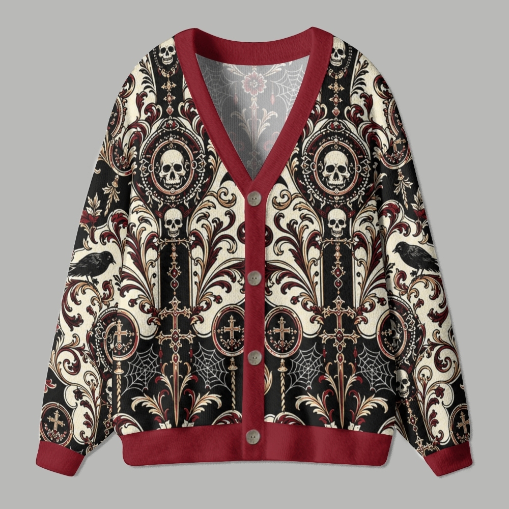 Gothic Baroque Skull Raven Ornate Dark Fantasy Ugly Cardigan Sweater