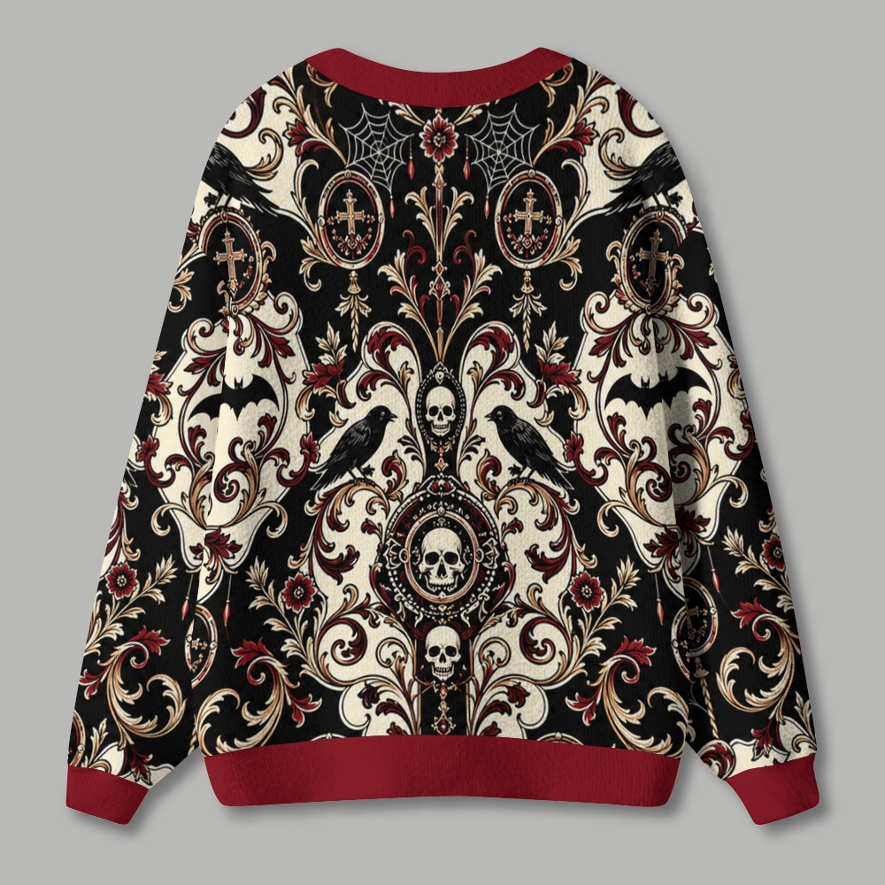 Gothic Baroque Skull Raven Ornate Dark Fantasy Ugly Cardigan Sweater