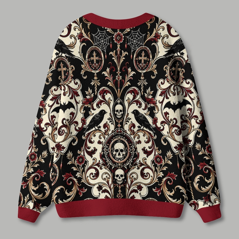 Gothic Baroque Skull Raven Ornate Dark Fantasy Ugly Cardigan Sweater
