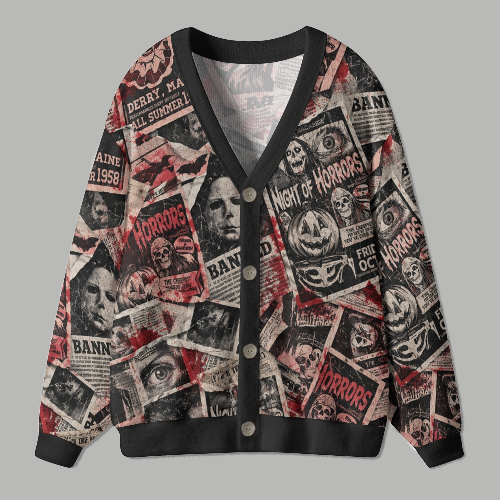 Vintage Scary Horror Newspaper Collage Spooky Season Ugly Cardigan Sweater