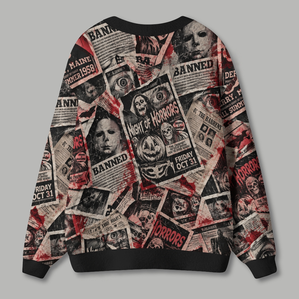 Vintage Scary Horror Newspaper Collage Spooky Season Ugly Cardigan Sweater