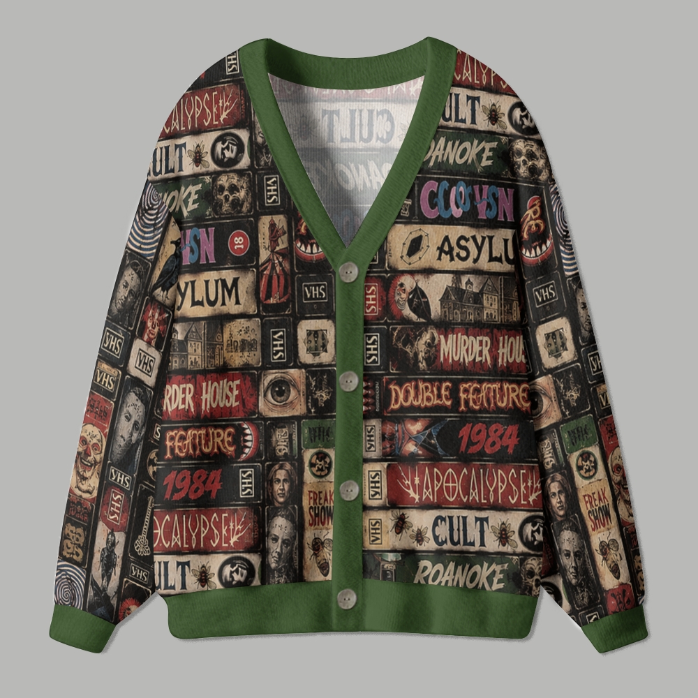 Retro Horror VHS Tape Dark Spooky Ugly Cardigan Sweater