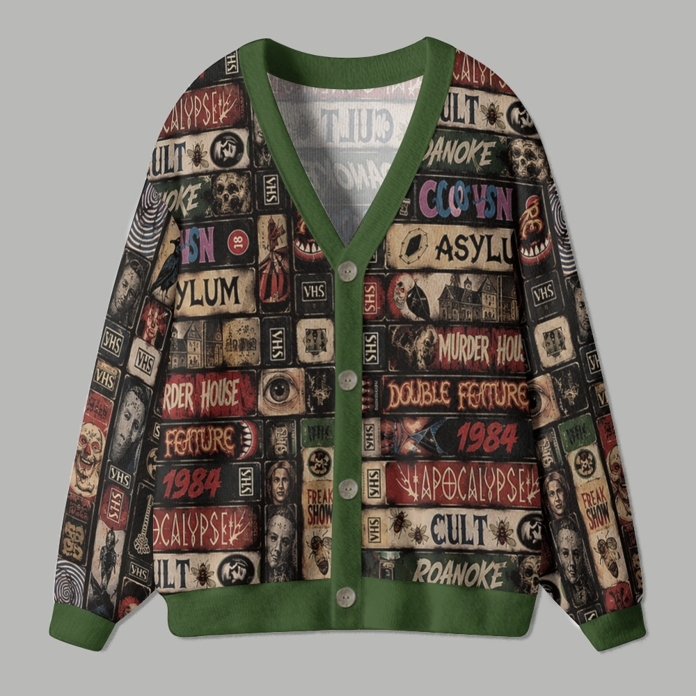 Retro Horror VHS Tape Dark Spooky Ugly Cardigan Sweater