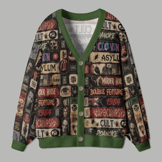 Retro Horror VHS Tape Dark Spooky Ugly Cardigan Sweater