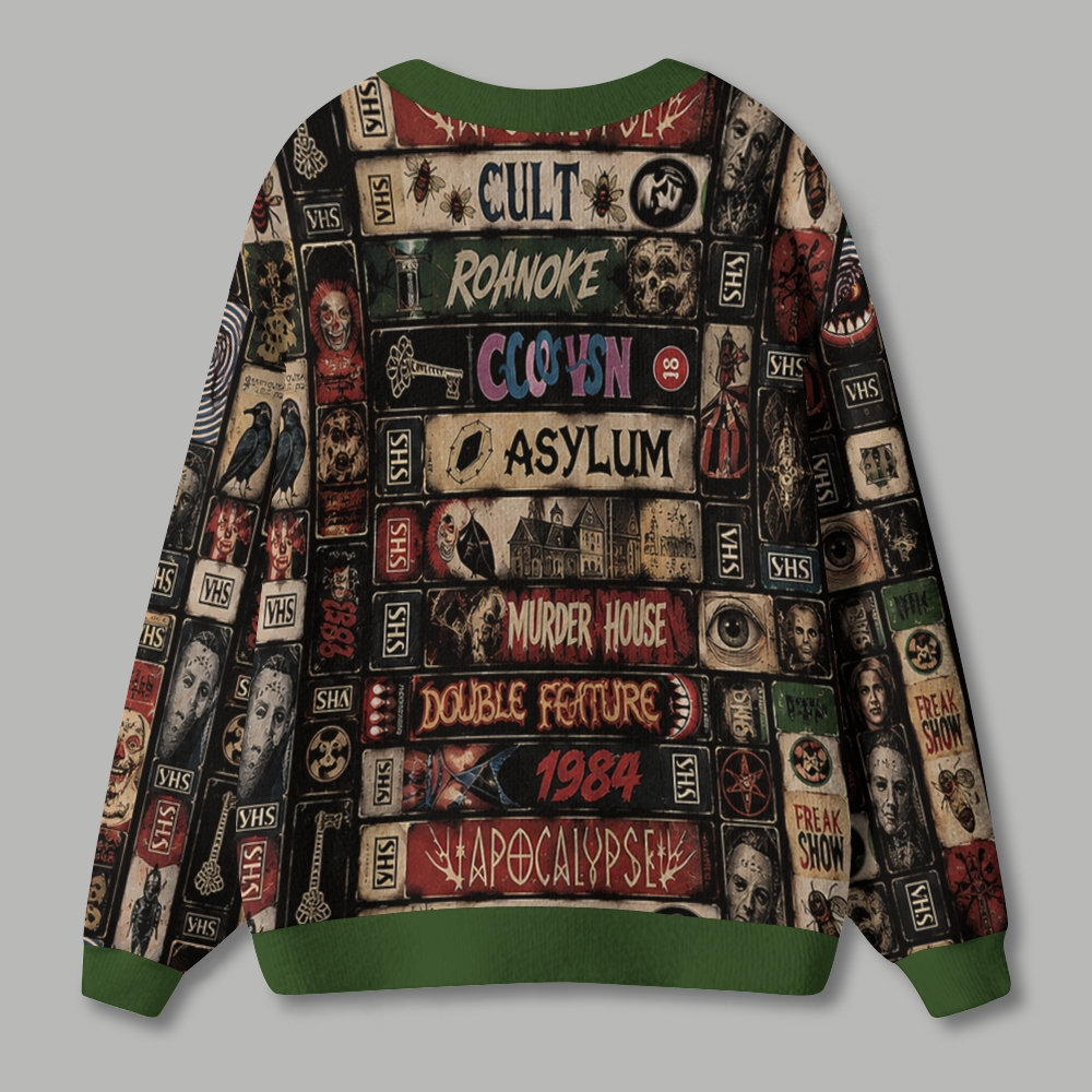 Retro Horror VHS Tape Dark Spooky Ugly Cardigan Sweater
