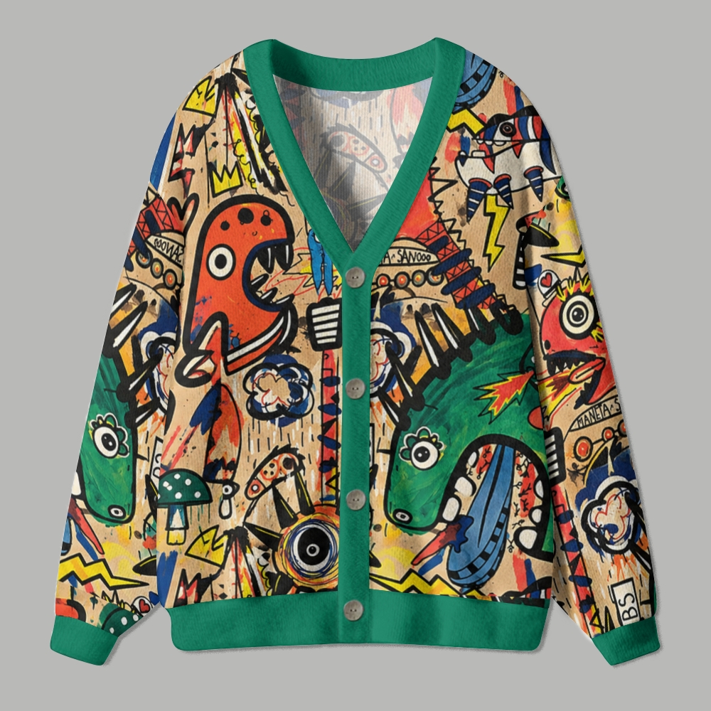 Colorful Doodle Monster Dinosaur Ugly Cardigan Sweater