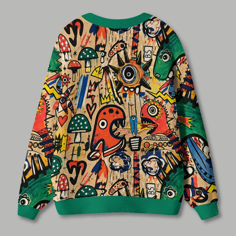 Colorful Doodle Monster Dinosaur Ugly Cardigan Sweater